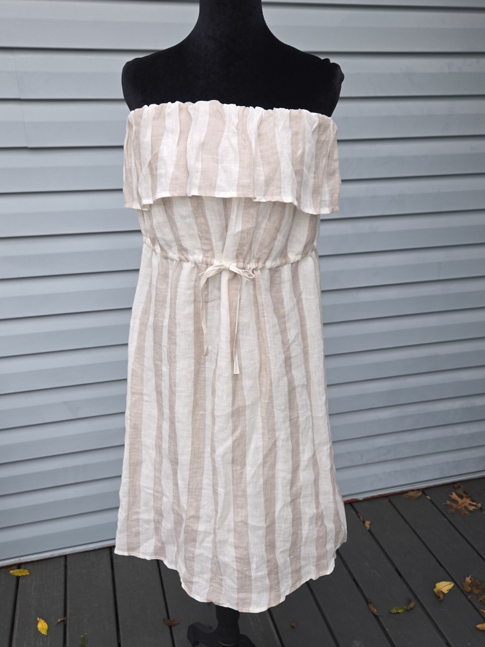 Isle of Mine Womens M/L Beige White Striped 100% Linen Strapless Ruffle Dress